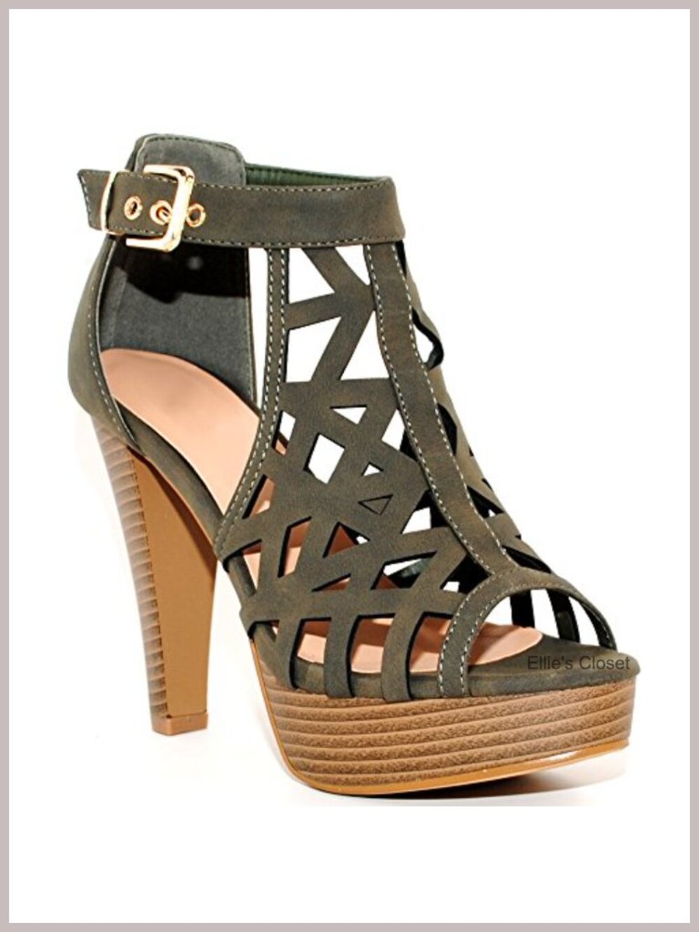 Laser Cutout Ankle Strap Heeled Sandal Open Toe Wood Platform Heel